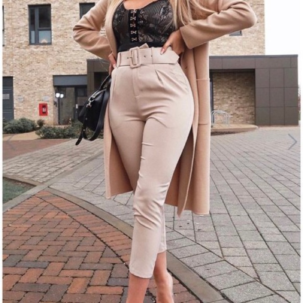 Rebellious Fashion Tan Belted Tapered Trousers